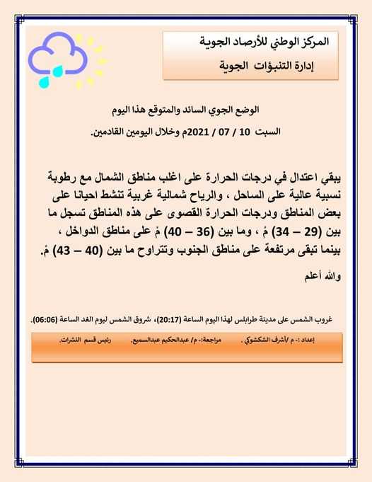 قد تكون صورة لـ نص مفاده 'المركز الوطني للأرصاد الجوية إدارة التنبؤات الجوية الوضع الجوي السائد والمتوقع هذا اليوم السبت 07 1202م وخلال اليومين القادمين. يبقي اعتدال في درجات الحرارة على اغلب مناطق الشمال مع رطوبة نسبية عالية على الساحل والرياح شمالية غربية تنشط احيانا على بعض المناطق ودرجات الحرارة القصوى هذه المناطق تسجل ما بين 29) (34 وما بين 36) (40 م… على مناطق الدواخل بينما تبقى مرتفعة على مناطق الجنوب وتتراوح ما بين 40) والله أعلم رئيس قسم .النشرات. غروب الشمس على مدينة طرابلس لهذا اليوم الساعة )20:17( شروق الشمس ليوم الغد الساعة .(06:06) :مراجعة / عبدالحکیم .عبدالسمیع م أشرف/ الشكشوكي إعداد'