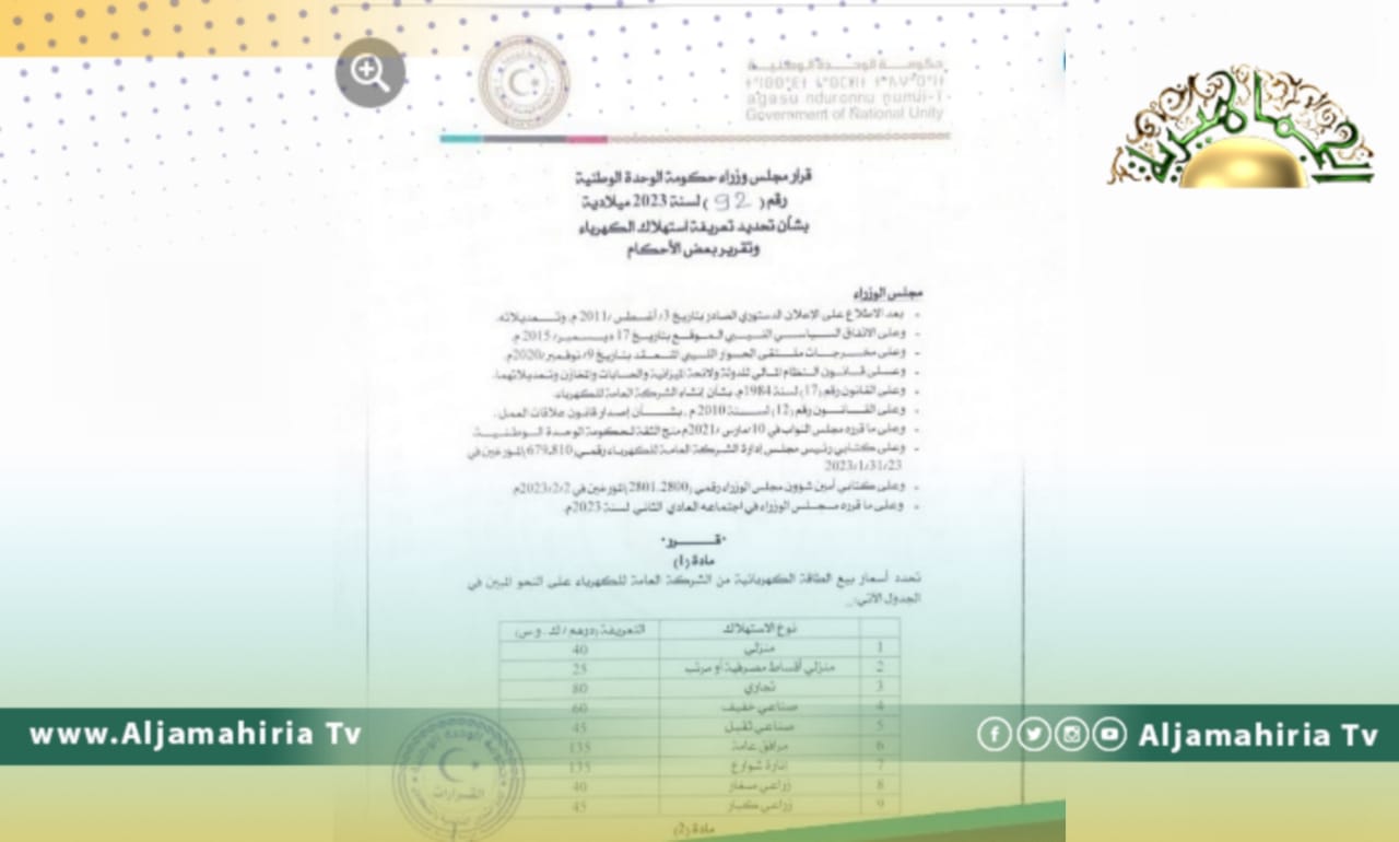 حكومة الدبيبة تصدر قرارًا بتحديد بيع أسعار الطاقة الكهربائية للمشتركين